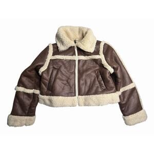 H&M Women’s Brown Faux Leather Shearling Jacket Sherpa Lined Size L